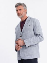 Marynarka męska o kroju REGULAR z lnem - jasnoniebieska V3 - Rozmiar: L. Niebieskie marynarki męskie Ombre Clothing, l, bez wzorów, z materiału. W wyprzedaży za 249.99 zł.