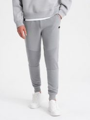 Męskie spodnie dresowe ze wstawkami z tkaniny ottoman - szare V5 - Rozmiar: XL. Szare spodnie dresowe męskie Ombre Clothing, bez wzorów, z bawełny. W wyprzedaży za 69.99 zł.
