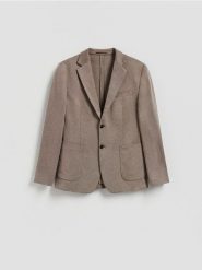 Marynarka slim fit z dodatkiem wiskozy - brązowy. Brązowe marynarki męskie Reserved, l, bez wzorów, z dzianiny. Za 199.99 zł.