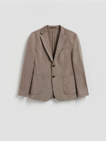 Marynarka slim fit z dodatkiem wiskozy - brązowy. Brązowe marynarki męskie Reserved, l, bez wzorów, z dzianiny. Za 199.99 zł.