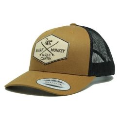 Czapka typu trucker – 6 paneli / dla dorosłych / uniwersalny (karmelowo-czarna). Brązowe czapki męskie SURF MONKEY, bez wzorów, sportowe. Za 179.95 zł.