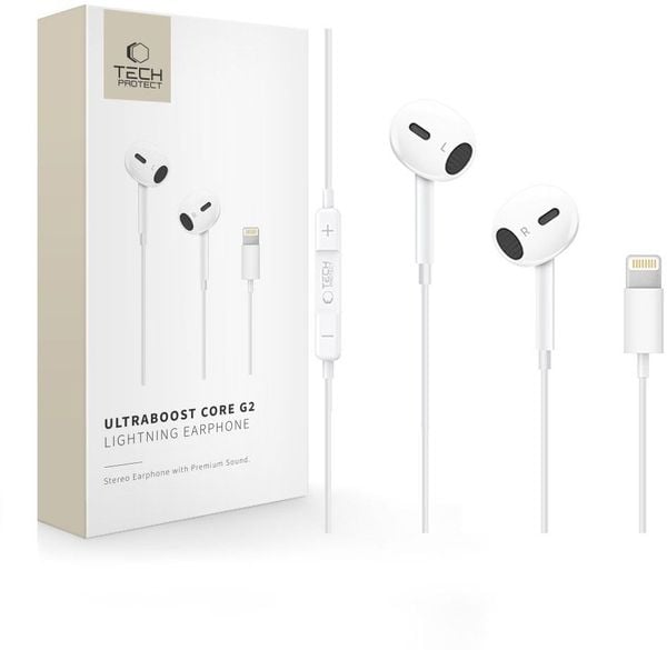 TECH-PROTECT ULTRABOOST LIGHTNING EARPHONE CORE G2 WHITE. Białe słuchawki douszne TECH-PROTECT. Za 30.00 zł.