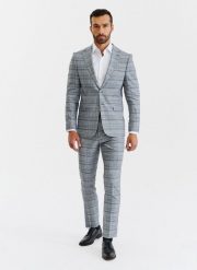 PAKO LORENTE – Kraciaste męskie spodnie garniturowe. Szare eleganckie spodnie męskie Pako Lorente, bez wzorów, z elastanu. Za 119.99 zł.