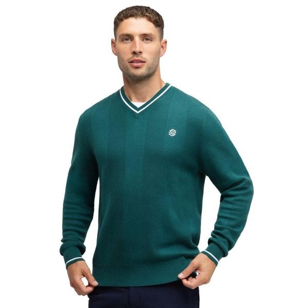 Męski sweter golfowy z dzianiny z dekoltem w serek Siroko Hagen Teal. Zielone swetry męskie SIROKO, bez wzorów, z dzianiny, sportowe, bez kołnierzyka, bez ramiączek. Za 211.00 zł.