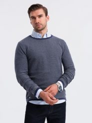 Męski dzianinowy sweter w strukturalne kropki – granatowy V1 OM-SWSW-0118 - XXL. Niebieskie swetry męskie Ombre Clothing, z aplikacjami, z bawełny, bez kołnierzyka, bez ramiączek. Za 119.99 zł.