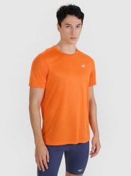 4F Koszulka do biegania regular szybkoschnąca męska - pomarańczowa M. Brązowe t-shirty sportowe męskie 4f, m, bez wzorów, z dzianiny, klasyczne, bez ramiączek. W wyprzedaży za 79.99 zł.
