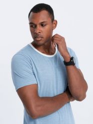 T-shirt męski bawełniany - błękitny V4 - Rozmiar: XXL. Niebieskie t-shirty męskie Ombre Clothing, m, bez wzorów, z bawełny, bez kołnierzyka, bez ramiączek. W wyprzedaży za 19.99 zł.