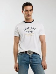 Koszulka męska z nadrukiem biała Jaros 100. Białe t-shirty męskie Big Star, l, bez wzorów, z dzianiny, bez kołnierzyka, bez ramiączek. W wyprzedaży za 39.99 zł.