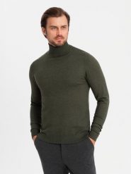 Dzianinowy golf męski z wiskozą – ciemnooliwkowy melanż V5 - Rozmiar: L. Niebieskie swetry męskie Ombre Clothing, bez wzorów, z dzianiny, eleganckie, bez kołnierzyka, bez ramiączek. W wyprzedaży za 104.99 zł.