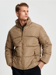 Kurtka puffer - beżowy. Brązowe kurtki męskie Sinsay, l, bez wzorów, bez ramiączek, bez kaptura. Za 99.99 zł.