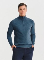 PAKO LORENTE – Granatowy sweter z rozpinaną stójką. Niebieskie swetry męskie Pako Lorente, bez wzorów, z poliesteru, bez kołnierzyka, bez ramiączek. Za 199.99 zł.