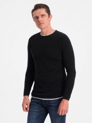 Bawełniany sweter męski z okrągłym dekoltem - czarny V1 - Rozmiar: L. Czarne swetry męskie Ombre Clothing, bez wzorów, z bawełny, klasyczne, bez kołnierzyka, bez ramiączek. W wyprzedaży za 69.99 zł.