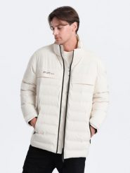Zimowa kurtka męska z odpinanym kapturem - kremowa V2. Białe kurtki męskie Ombre Clothing, na zimę, m, bez wzorów, bez ramiączek. W wyprzedaży za 277.49 zł.