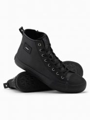 Męskie buty wysokie trampki z ozdobnym noskiem – czarne V1 - Rozmiar: 41. Czarne trampki męskie Ombre Clothing, z aplikacjami, z gumy, przed kolano, bez zapięcia. W wyprzedaży za 109.99 zł.