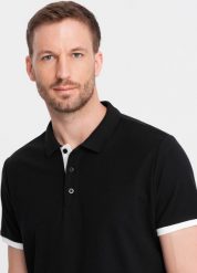 Ombre Bawełniana męska koszulka polo z kontrastowymi wykończeniami czarna V8 OM-POSS-0113 XXL. Czarne koszulki polo męskie Ombre, m, bez wzorów, z bawełny, bez kołnierzyka, bez ramiączek. Za 89.99 zł.