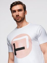 T-shirt męski z dużym nadrukiem – biały V1 - Rozmiar: M. Białe t-shirty sportowe męskie Ombre Clothing, m, bez wzorów, z bawełny, klasyczne, bez ramiączek. Za 129.99 zł.