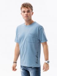 T-shirt męski z nadrukiem - niebieski - Rozmiar: S. Niebieskie t-shirty męskie Ombre Clothing, m, bez wzorów, z bawełny, bez kołnierzyka, bez ramiączek. W wyprzedaży za 19.99 zł.