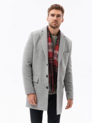 Płaszcz męski klasyczny jednorzędowy - jasnoszary V4 - Rozmiar: XL. Szare płaszcze męskie Ombre Clothing, na wiosnę, m, bez wzorów, eleganckie, bez kaptura. W wyprzedaży za 199.99 zł.
