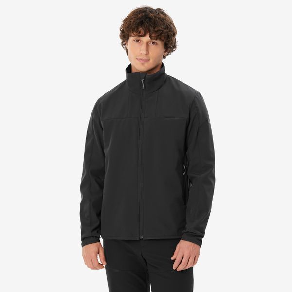 Kurtka softshell turystyczna męska Quechua MT100. Czarne kurtki męskie FORCLAZ, l, bez wzorów, z polaru, sportowe, bez ramiączek, bez kaptura. Za 199.99 zł.