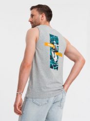 Bawełniany tank top męski z nadrukiem Summer Vibe – szary melanż V3 - Rozmiar: XL. Szare t-shirty sportowe męskie Ombre Clothing, m, bez wzorów, z bawełny, eleganckie, bez ramiączek. W wyprzedaży za 39.99 zł.