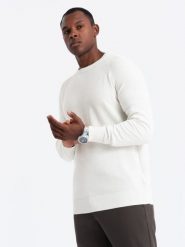 Sweter męski raglan z prążkowanymi rękawami – biały V1 - Rozmiar: XXL. Białe swetry męskie Ombre Clothing, z aplikacjami, z bawełny, bez kołnierzyka, bez ramiączek. W wyprzedaży za 79.99 zł.