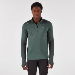 Bluza do biegania męska Kiprun Run 500 Warm ocieplana. Zielone bluzy nierozpinane męskie KIPRUN, m, bez wzorów, z elastanu, sportowe, bez ramiączek, bez kaptura. Za 99.99 zł.