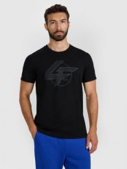 4F T-shirt regular z nadrukiem męski - czarny M. Czarne t-shirty męskie 4f, m, bez wzorów, z bawełny, bez kołnierzyka, bez ramiączek. Za 59.99 zł.