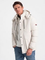 Zimowa kurtka męska z odpinanym kapturem i kieszeniami cargo - kremowa V2 - Rozmiar: XXL. Białe kurtki męskie Ombre Clothing, na zimę, m, bez wzorów, bez ramiączek. W wyprzedaży za 259.99 zł.