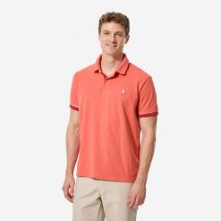 Polo żeglarskie męskie Decathlon Sailing 100. Brązowe koszulki polo męskie TRIBORD, l, bez wzorów, z bawełny, sportowe, bez kołnierzyka, bez ramiączek. Za 69.99 zł.