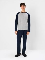 Piżama dwuczęściowa z bawełną - granatowy. Niebieskie piżamy męskie Sinsay, l, bez wzorów, z bawełny, bez kołnierzyka, bez ramiączek. Za 59.99 zł.