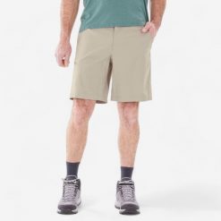 Spodenki turystyczne męskie Quechua MH100. Brązowe szorty sportowe męskie QUECHUA, bez wzorów, z materiału, sportowe. Za 59.99 zł.