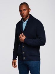 Sweter bawełniany męski kardigan z szalowym kołnierzem - granatowy V1 - Rozmiar: L. Niebieskie kardigany męskie Ombre Clothing, l, bez wzorów, z bawełny, bez ramiączek. W wyprzedaży za 155.99 zł.