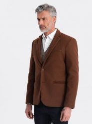 Marynarka męska casual z ozdobnymi guzikami na mankietach - czekoladowy brąz V1 - Rozmiar: XL. Brązowe marynarki męskie Ombre Clothing, m, bez wzorów. W wyprzedaży za 149.99 zł.