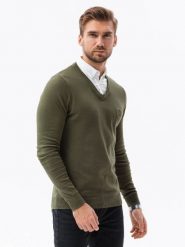 Sweter męski z białym kołnierzykiem - oliwkowy V5 - Rozmiar: S. Zielone swetry męskie Ombre Clothing, bez wzorów, z bawełny, klasyczne, bez kołnierzyka, bez ramiączek. W wyprzedaży za 69.99 zł.
