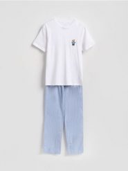 Dwuczęściowa piżama z haftem - biały. Białe piżamy męskie Reserved, l, bez wzorów, z bawełny, bez kołnierzyka, bez ramiączek. Za 139.99 zł.