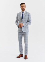 PAKO LORENTE – Szare spodnie garniturowe w niebiesko-białą kratę. Białe eleganckie spodnie męskie Pako Lorente, bez wzorów, z elastanu. Za 149.99 zł.