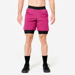 Spodenki fitness cardio męskie Domyos 2 w 1. Czarne szorty sportowe męskie DOMYOS, bez wzorów, z elastanu, sportowe. Za 44.99 zł.