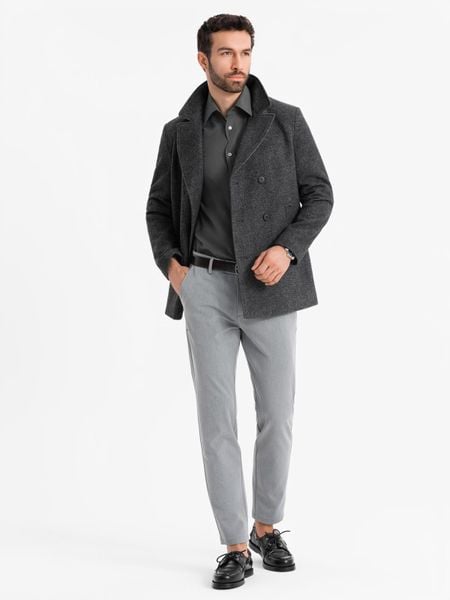 Krótki dwurzędowy męski płaszcz z wełną – grafitowy V1 - Rozmiar: L. Szare płaszcze męskie Ombre Clothing, na zimę, l, bez wzorów, z materiału, eleganckie, bez kaptura. Za 589.99 zł.