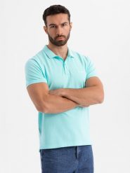 Polo koszulka z bawełnianej dzianiny pique błękitna V2 OM-POSS-0103 L. Niebieskie koszulki polo męskie Ombre, l, bez wzorów, z bawełny, bez kołnierzyka, bez ramiączek. Za 121.01 zł.