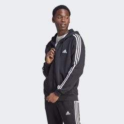 Bluza z kapturem Essentials Fleece 3-Stripes Full-Zip. Czarne bluzy nierozpinane męskie ADIDAS, s, bez wzorów, z materiału, sportowe, bez ramiączek, z kapturem. Za 237.00 zł.
