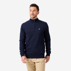 Sweter do golfa męski wiatroszczelny MW500 z wysokim kołnierzem. Niebieskie swetry męskie INESIS, bez wzorów, z bawełny, eleganckie, bez kołnierzyka, bez ramiączek. Za 199.99 zł.