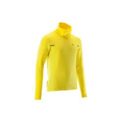 Bluza do biegania męska RUN WARM+ żółta. Żółte bluzy nierozpinane męskie KALENJI, l, bez wzorów, z elastanu, bez ramiączek, bez kaptura. Za 79.99 zł.