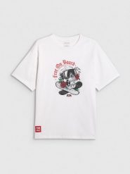 4F T-shirt loose z nadrukiem męski - biały S. Białe t-shirty męskie 4f, m, bez wzorów, z bawełny, bez kołnierzyka, bez ramiączek. Za 79.99 zł.