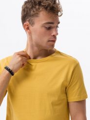 T-shirt męski bawełniany BASIC - musztardowy V8 S1370 - XXL. Żółte t-shirty męskie Ombre Clothing, m, bez wzorów, z bawełny, bez kołnierzyka, bez ramiączek. W wyprzedaży za 29.99 zł.