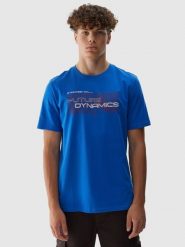4F T-shirt regular z nadrukiem męski - niebieski M. Niebieskie t-shirty męskie 4f, m, bez wzorów, z bawełny, bez kołnierzyka, bez ramiączek. W wyprzedaży za 29.99 zł.