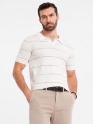 Koszulka polo męska w poziome paski z wiskozą biało-beżowa V4 OM-POSS-0145 L. Białe koszulki polo męskie Ombre, l, bez wzorów, z wiskozy, bez kołnierzyka, bez ramiączek. Za 302.57 zł.