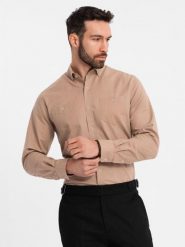 Koszula męska lniana z klasycznym kołnierzykiem i kieszeniami REGULAR FIT – jasnobrązowa V7 - Rozmiar: M. Brązowe koszule męskie Ombre Clothing, na lato, l, z aplikacjami, z bawełny, bez kołnierzyka, bez ramiączek. W wyprzedaży za 164.99 zł.