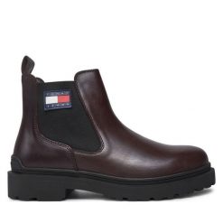 Sztyblety Tommy Jeans. Brązowe sztyblety męskie Tommy Jeans, z jeansu, bez obcasa, bez zapięcia. Za 449.99 zł.