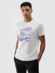 4F T-shirt regular z nadrukiem męski - biały L. Białe t-shirty męskie 4f, l, bez wzorów, z bawełny, bez kołnierzyka, bez ramiączek. W wyprzedaży za 39.99 zł.