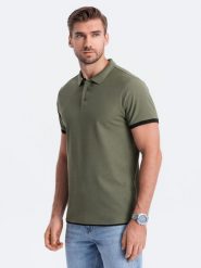 Męska bawełniana koszulka polo z kontrastowymi wykończeniami oliwkowa V6 OM-POSS-0113 XXL. Zielone koszulki polo męskie Ombre, m, bez wzorów, z bawełny, bez kołnierzyka, bez ramiączek. Za 90.76 zł.
